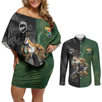Custom South Africa And New Zealand Couples Matching Off Shoulder Short Dress and Long Sleeve Button Shirt Springboks And Kiwis Rugby Rivalry