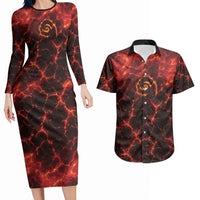 Lava Monster Costume Couples Matching Long Sleeve Bodycon Dress and Hawaiian Shirt Fiery Lava Spiral