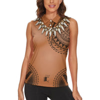 Polynesian Chief Inspired Costume Women Sleeveless Polo Shirt Tribal Pattern With Tooth Necklace