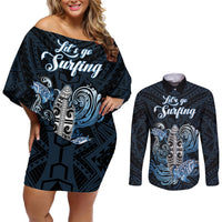 Personalised Polynesia Go Surfing Couples Matching Off Shoulder Short Dress and Long Sleeve Button Shirt The Pacific Wave Of Water LT05 Blue - Polynesian Pride
