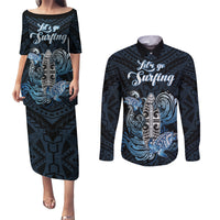 Personalised Polynesia Go Surfing Couples Matching Puletasi Dress and Long Sleeve Button Shirt The Pacific Wave Of Water LT05 Blue - Polynesian Pride