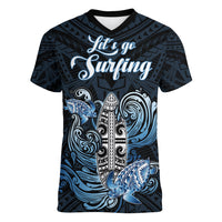 Personalised Polynesia Go Surfing Women V Neck T Shirt The Pacific Wave Of Water LT05 Female Blue - Polynesian Pride