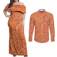 Personalised Lapita Culture Couples Matching Off Shoulder Maxi Dress and Long Sleeve Button Shirt Iconic Double Face Pattern LT05 Brown - Polynesian Pride