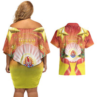 French Polynesia Christmas Couples Matching Off Shoulder Short Dress and Hawaiian Shirt Seashell Santa Beach Vibes - Polynesian Pride