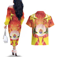 French Polynesia Christmas Couples Matching Off The Shoulder Long Sleeve Dress and Hawaiian Shirt Seashell Santa Beach Vibes - Polynesian Pride