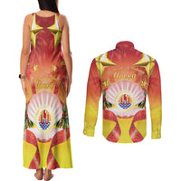 French Polynesia Christmas Couples Matching Tank Maxi Dress and Long Sleeve Button Shirt Seashell Santa Beach Vibes - Polynesian Pride