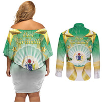 Cook Islands Christmas Couples Matching Off Shoulder Short Dress and Long Sleeve Button Shirt Seashell Santa Beach Vibes - Polynesian Pride