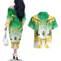Cook Islands Christmas Couples Matching Off The Shoulder Long Sleeve Dress and Hawaiian Shirt Seashell Santa Beach Vibes - Polynesian Pride