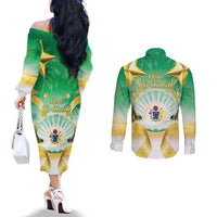 Cook Islands Christmas Couples Matching Off The Shoulder Long Sleeve Dress and Long Sleeve Button Shirt Seashell Santa Beach Vibes - Polynesian Pride