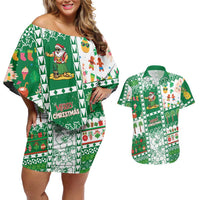 Norfolk Island Christmas Couples Matching Off Shoulder Short Dress and Hawaiian Shirt Festive Beach Vibes LT05 Green - Polynesian Pride