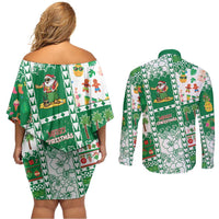 Norfolk Island Christmas Couples Matching Off Shoulder Short Dress and Long Sleeve Button Shirt Festive Beach Vibes - Polynesian Pride