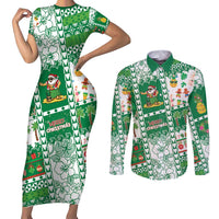 Norfolk Island Christmas Couples Matching Short Sleeve Bodycon Dress and Long Sleeve Button Shirt Festive Beach Vibes LT05 Green - Polynesian Pride