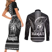 Hawaiian Ikaika Warrior Couples Matching Short Sleeve Bodycon Dress and Long Sleeve Button Shirt Tribal Pattern