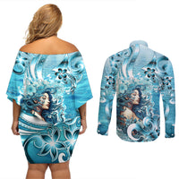 Hawaii Namaka Goddess Of The Sea Couples Matching Off Shoulder Short Dress and Long Sleeve Button Shirt Polynesian Style LT05 - Polynesian Pride