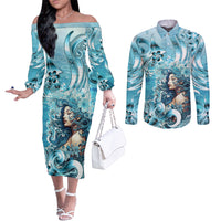 Hawaii Namaka Goddess Of The Sea Couples Matching Off The Shoulder Long Sleeve Dress and Long Sleeve Button Shirt Polynesian Style LT05 Turquoise - Polynesian Pride