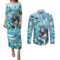 Hawaii Namaka Goddess Of The Sea Couples Matching Puletasi and Long Sleeve Button Shirt Polynesian Style LT05 Turquoise - Polynesian Pride