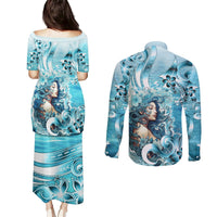 Hawaii Namaka Goddess Of The Sea Couples Matching Puletasi and Long Sleeve Button Shirt Polynesian Style LT05 - Polynesian Pride