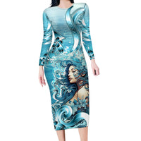 Hawaii Namaka Goddess Of The Sea Long Sleeve Bodycon Dress Polynesian Style LT05 Long Dress Turquoise - Polynesian Pride