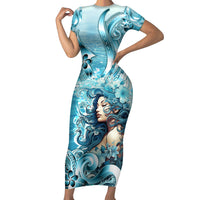 Hawaii Namaka Goddess Of The Sea Short Sleeve Bodycon Dress Polynesian Style LT05 Long Dress Turquoise - Polynesian Pride