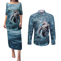 Hawaiian Shark God Kamohoalii Couples Matching Puletasi and Long Sleeve Button Shirt Polynesian Style LT05 Blue - Polynesian Pride