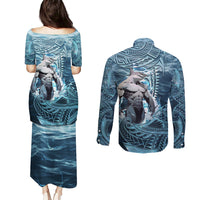 Hawaiian Shark God Kamohoalii Couples Matching Puletasi and Long Sleeve Button Shirt Polynesian Style LT05 - Polynesian Pride
