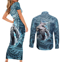 Hawaiian Shark God Kamohoalii Couples Matching Short Sleeve Bodycon Dress and Long Sleeve Button Shirt Polynesian Style LT05 - Polynesian Pride