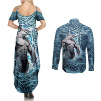 Hawaiian Shark God Kamohoalii Couples Matching Summer Maxi Dress and Long Sleeve Button Shirt Polynesian Style LT05 - Polynesian Pride