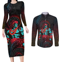 Hawaiian Demigod Maui Couples Matching Long Sleeve Bodycon Dress and Long Sleeve Button Shirt Polynesian Mythology LT05 Black - Polynesian Pride