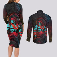 Hawaiian Demigod Maui Couples Matching Long Sleeve Bodycon Dress and Long Sleeve Button Shirt Polynesian Mythology LT05 - Polynesian Pride