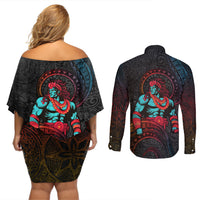 Hawaiian Demigod Maui Couples Matching Off Shoulder Short Dress and Long Sleeve Button Shirt Polynesian Mythology LT05 - Polynesian Pride