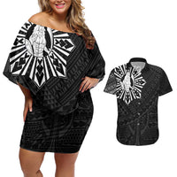 Philippines Tribal Couples Matching Off Shoulder Short Dress and Hawaiian Shirt King Lapu Lapu Black Version