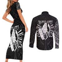 Philippines Tribal Couples Matching Short Sleeve Bodycon Dress and Long Sleeve Button Shirt King Lapu Lapu Black Version
