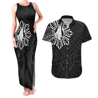 Philippines Tribal Couples Matching Tank Maxi Dress and Hawaiian Shirt King Lapu Lapu Black Version