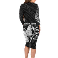 Philippines Tribal Family Matching Long Sleeve Bodycon Dress and Hawaiian Shirt King Lapu Lapu Black Version