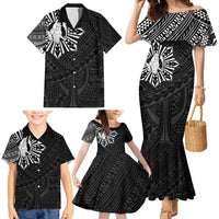 Philippines Tribal Family Matching Mermaid Dress and Hawaiian Shirt King Lapu Lapu Black Version