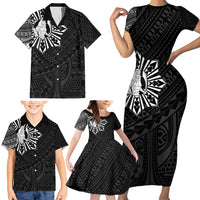 Philippines Tribal Family Matching Short Sleeve Bodycon Dress and Hawaiian Shirt King Lapu Lapu Black Version