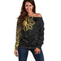 Philippines Tribal Off Shoulder Sweater King Lapu Lapu Gold Version
