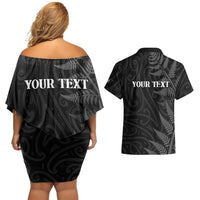 Personalised New Zealand Chur Bro Couples Matching Off Shoulder Short Dress and Hawaiian Shirt Maori Koru With Silver Fern