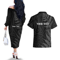 Personalised New Zealand Chur Bro Couples Matching Off The Shoulder Long Sleeve Dress and Hawaiian Shirt Maori Koru With Silver Fern