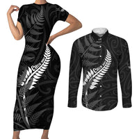 Personalised New Zealand Chur Bro Couples Matching Short Sleeve Bodycon Dress and Long Sleeve Button Shirt Maori Koru With Silver Fern
