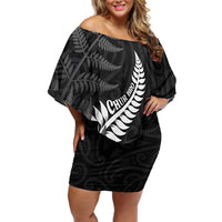 Personalised New Zealand Chur Bro Off Shoulder Short Dress Maori Koru With Silver Fern LT05 Women Black - Polynesian Pride