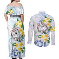 Northern Mariana Islands Chamorro Couples Matching Off Shoulder Maxi Dress and Long Sleeve Button Shirt Plumeria Curves Style White Version