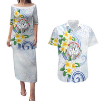 Northern Mariana Islands Chamorro Couples Matching Puletasi and Hawaiian Shirt Plumeria Curves Style White Version