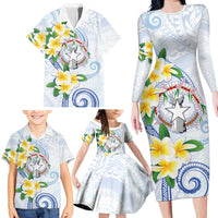 Northern Mariana Islands Chamorro Family Matching Long Sleeve Bodycon Dress and Hawaiian Shirt Plumeria Curves Style White Version