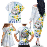 Northern Mariana Islands Chamorro Family Matching Off The Shoulder Long Sleeve Dress and Hawaiian Shirt Plumeria Curves Style White Version