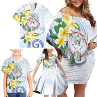 Northern Mariana Islands Chamorro Family Matching Off Shoulder Short Dress and Hawaiian Shirt Plumeria Curves Style White Version