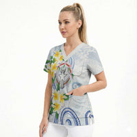 Northern Mariana Islands Chamorro Scrub Top Plumeria Curves Style White Version