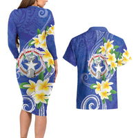 Northern Mariana Islands Chamorro Couples Matching Long Sleeve Bodycon Dress and Hawaiian Shirt Plumeria Curves Style Navy Version