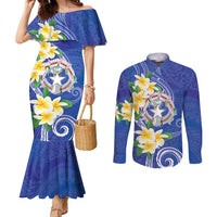 Northern Mariana Islands Chamorro Couples Matching Mermaid Dress and Long Sleeve Button Shirt Plumeria Curves Style Navy Version