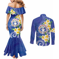 Northern Mariana Islands Chamorro Couples Matching Mermaid Dress and Long Sleeve Button Shirt Plumeria Curves Style Navy Version